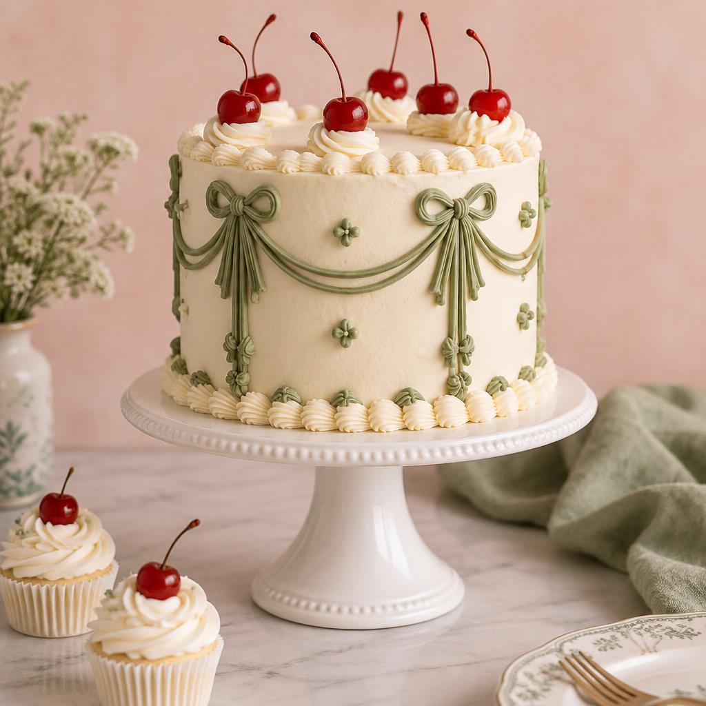 Ivory celebration cake with delicate green ribbons and cherries